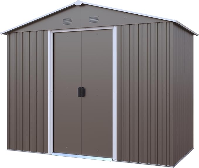 4x8 FT Outdoor Storage Shed, Metal Garden Shed with Frame Floor, Outside Tool Shed with Lockable Sliding Doors, Waterproof Storage Building with Sloped Roof for Backyard, Patio, Lawn, Warm Gray