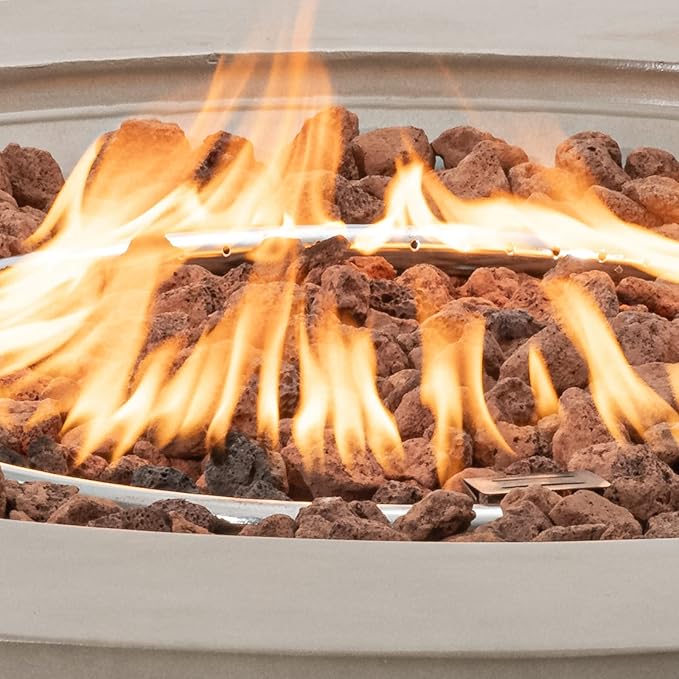 COSIEST 42 inch Outdoor Propane Fire Pit Coffee Table w Concrete Round Base Patio Heater, 50,000 BTU Stainless Steel Burner, Free Lava Rocks, Rain Cover(Gray)