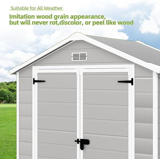 Outdoor Storage Shed 6x4.4FT, Resin Shed Plastic with Floor for Garden Tool,Waterproof Outdoor Resin Storage,Lockable Doors for Patio,Yard,Lawn (LightGray 6x4)