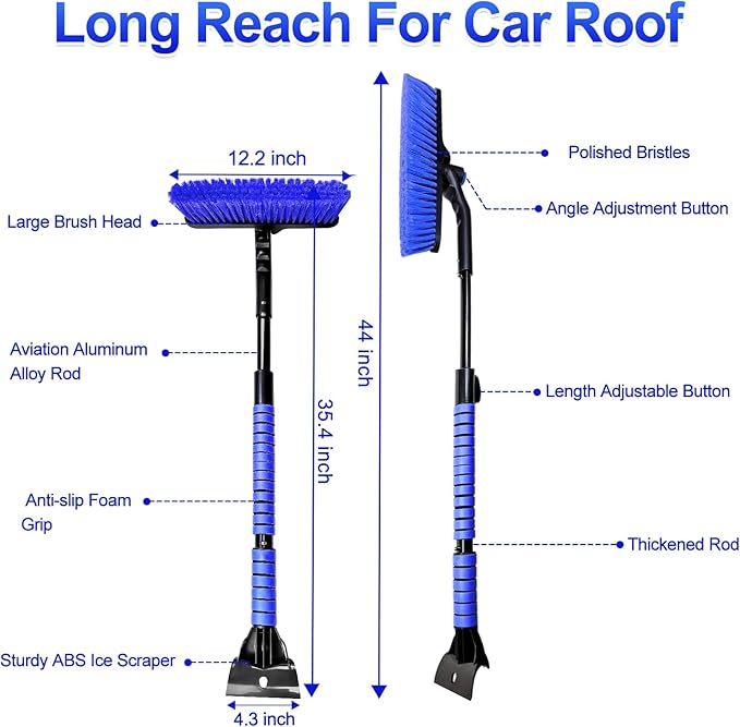 SEAAES 44 Inch Ice Scraper and Snow Brush for Car Windshield, Extendable Snow Removal Brush with Foam Grip for Truck SUV Vehicle Window - Blue
