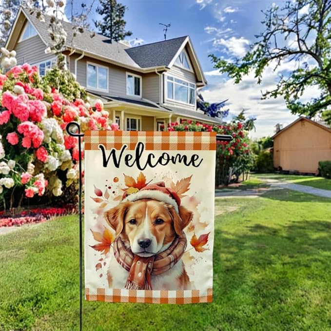 Autumn Dog Garden Flag with Falling Maple Leaves Design Double Sided Farmhouse Welcome Decorative Small Burlap Flags 12.5 x 18 Inch for Fall Harvest Thanksgiving Decor (Orange)