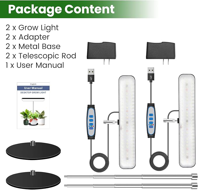 Grow Light, Full Spectrum Desktop Plant Lights for Indoor Growing Seedling 2 Pack, Large Area Lighting LED Grow Lamp with Base, Height Adjustable 26 Inch Black with 6/12/16H Timer