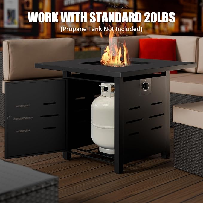Vongrasig 30 Inch Gas Fire Pit, 50,000 BTU Propane Fire Pits for Outside, Steel Square Fire Table with Lid and Lava Rock, Patio Deck Garden Backyard