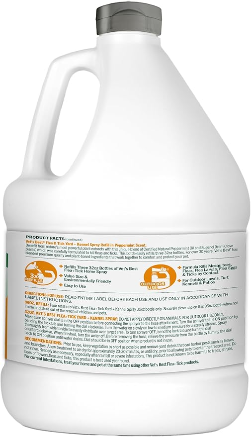 Vet’s Best Flea and Tick Yard and Kennel Spray – Natural Yard Treatment for Fleas, Ticks and Mosquitoes – Plant and Pet Safe Outdoor Spray with Certified Natural Oils – Made in USA – 96 oz Refill