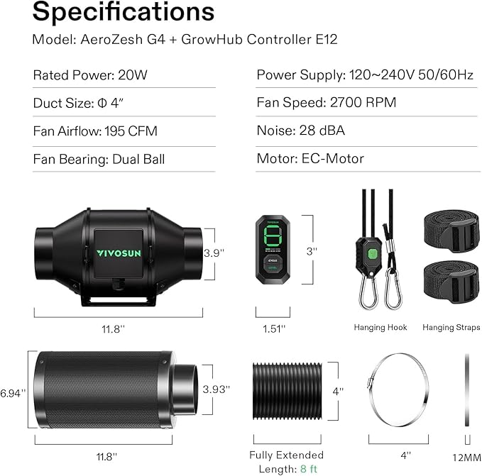 VIVOSUN Smart Air Filtration G4 Kit 4", AeroZesh G4 Inline Duct Fan with E12 Speed Controller, Carbon Filter & 8' Ducting, Cooling & Ventilation System for Grow Tents, Indoor Gardening, Hydroponics