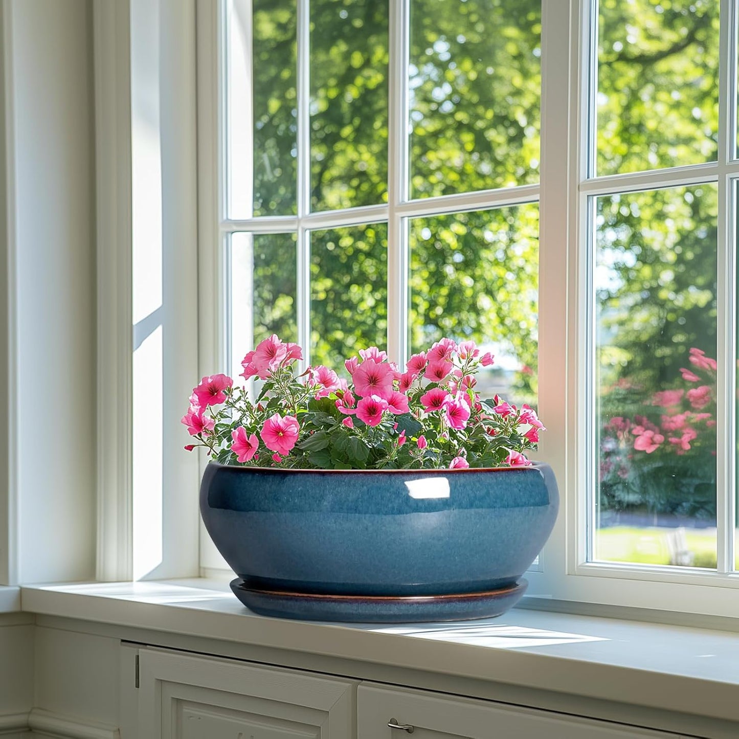 SQOWL Bonsai Tree Pots - 12 Inch Ceramic Succulent Pots, Large Shallow Planter with Drainage Hole and Saucer, Bowl Round Planters for Indoor Outdoor Plants, House Decor, House Warming Gifts, Blue