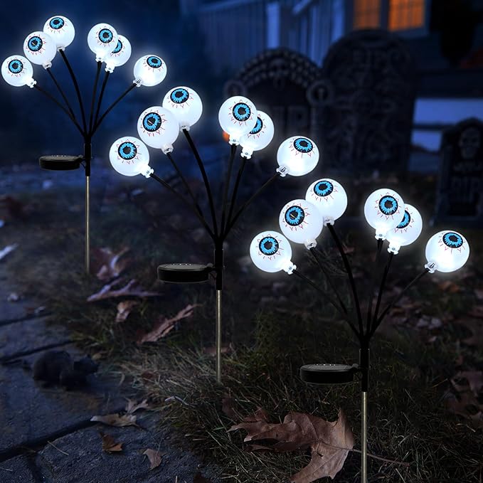 Solar Halloween Pathway Lights 3 Pack Eyeball Stake Lights Outdoor 2 Modes Cool White LEDs for Garden Yard Patio