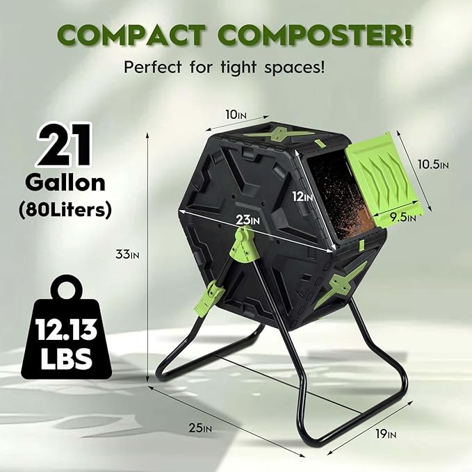 Compost Bin, 21 Gallon Small Composter Tumbler Outdoor Compact Single Rotating Chamber with Sliding Door and Steel Frame, BPA-Free Composting Bin for Garden, Kitchen, and Yard Waste