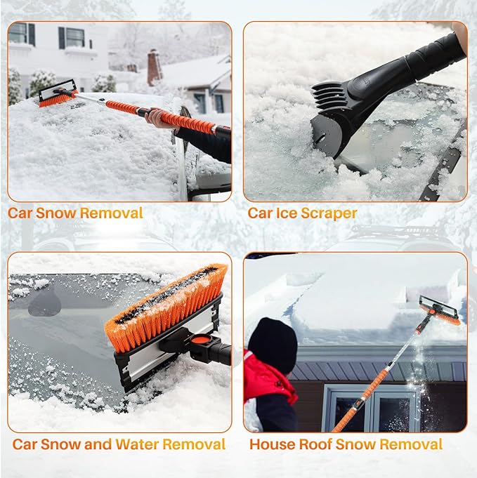 AstroAI 62.4" Ice Scrapers for Car Windshield, 3 in 1 Sturdy Snow Brush with Squeegee, 10 Adjustable Length Settings, Extendable Aluminum Handle, 180° Pivoting Snow Brush for Car, Truck, SUV(Orange)
