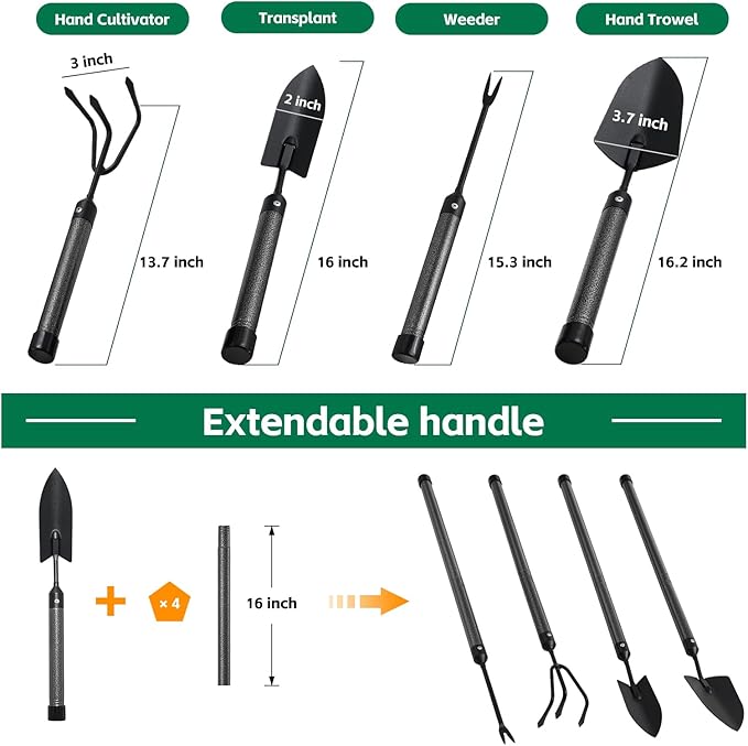 Garden Tools Set with Extension Handles, 5 Piece Thick Gardening Hand Tools, Heavy Duty Steel Rust-Proof Weeding Planting Tool Ideal Gardening Kit Gifts for Women and Men