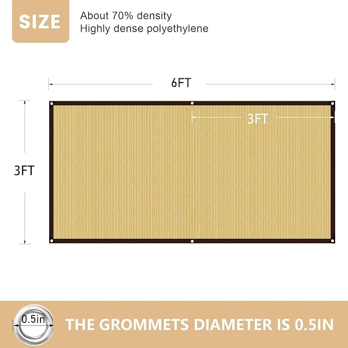 QNLONG Shade Cloth for Garden, 90% Beige Shade Net Mesh Tarp with Grommets Sun Shade Cover Tear Resistance for Plants Greenhouse Chicken Coop Vegetables Pergola 3x6FT