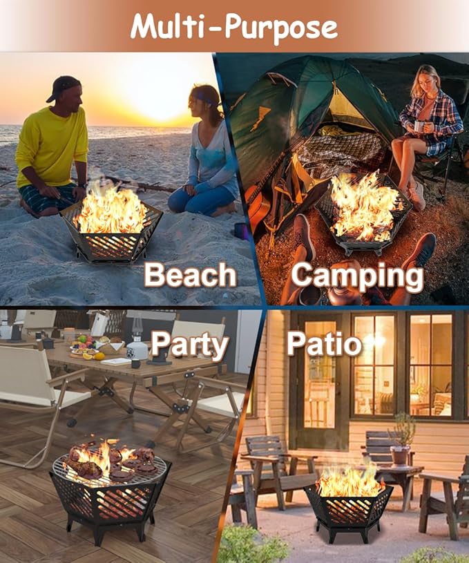 22.5 Inch Portable Plug Fire Pit for Camping, Detachable Outdoor Wood Burning Firepit with Travel Bag for Outside Patio Heating, Picnic, Bonfire and BBQ, Diagonal Hollow Style