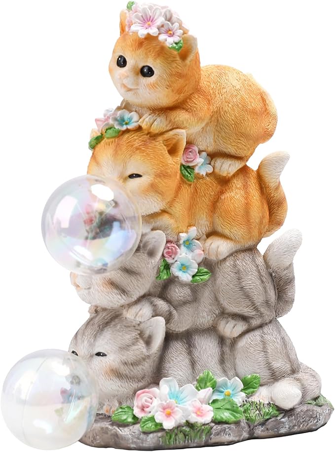 Solar Cat Garden Statue Resin Cat Statue Decor Outdoor with LED Lights for Outside Yard Art Lawn Ornaments Patio, Cat Lovers Gifts