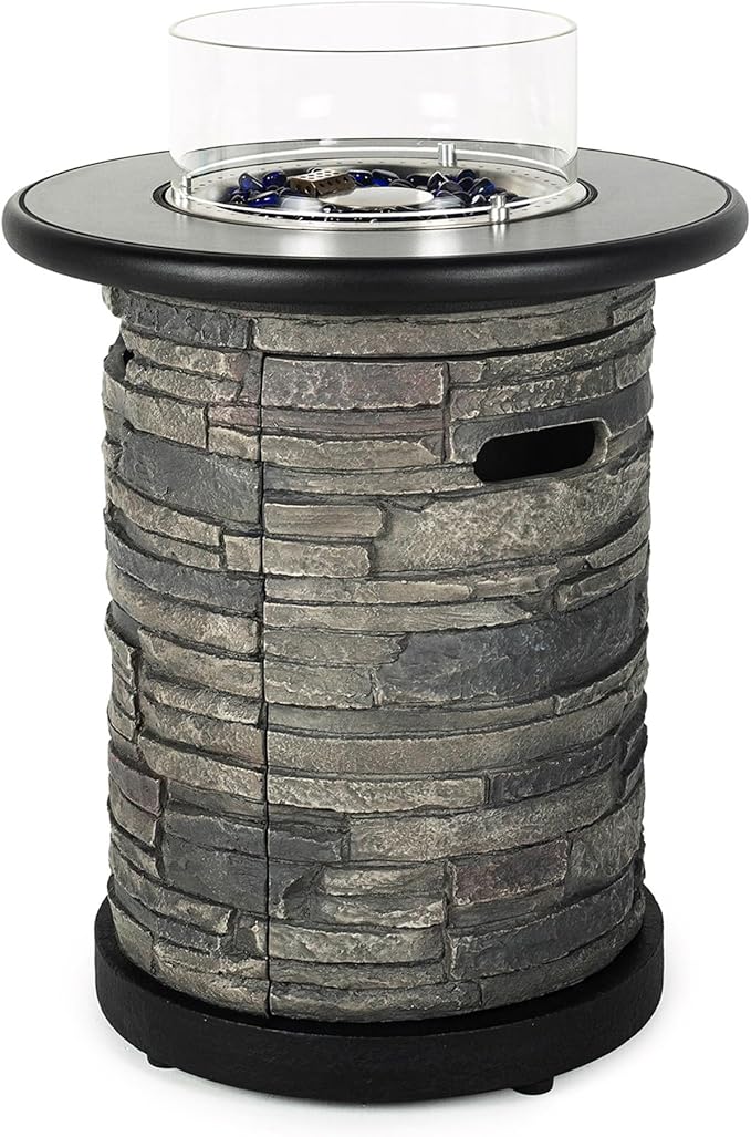 Outdoor Propane Fire Pit Table, Round Porcelain Tile Top 22" Fire Bowl Column W/ 40,000 BTU Firepit Table Auto-Ignition 400D Cover Glass Rocks for Outside Patio