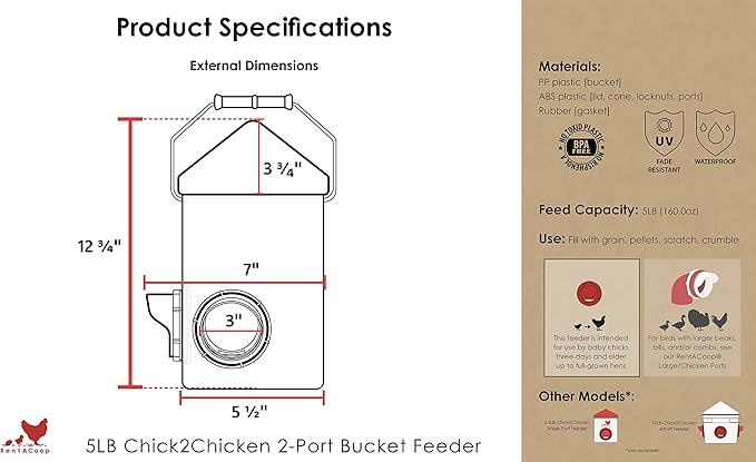 RentACoop Chick2Chicken 5lb 2-Port Feeder - Includes Anti-Roost Lid and Slider Port Covers - Suitable for Quail, Pigeons, Doves, Chicks, and Adult Chickens