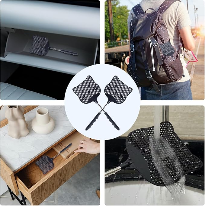 2 Pack Extendable Fly Swatter, 25 inch Long Handle Flyswatters, Plastic Heavy Duty Fly Swatters Manual for Indoors Patio Garden and Outdoors Black