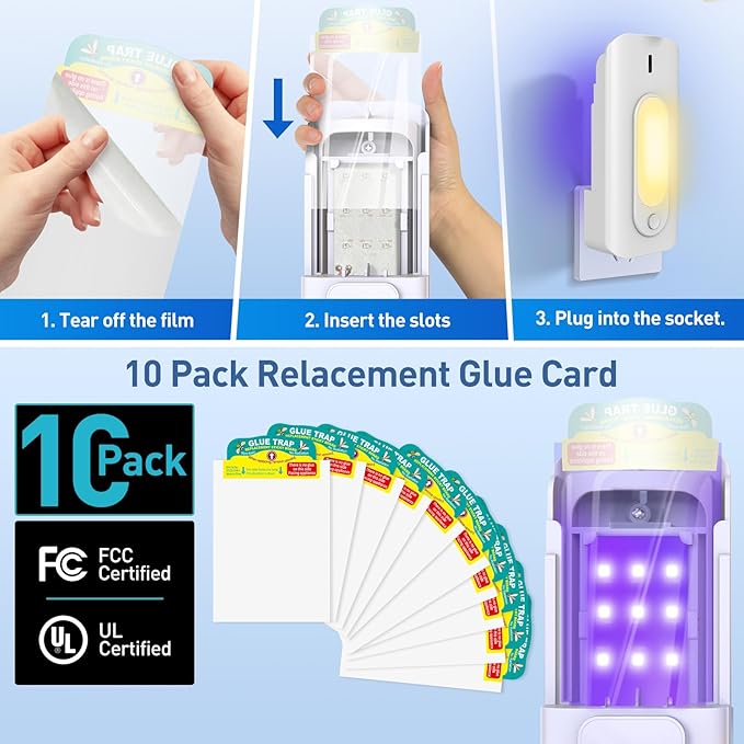 10 Refills for Fruit Fly Trap for Indoors, Compatible with BUGAWAY QH010A Plug-in Fly Insect Trap, Replacement Sticky Glue Cards for UVA Gnat Traps for House (No Device)