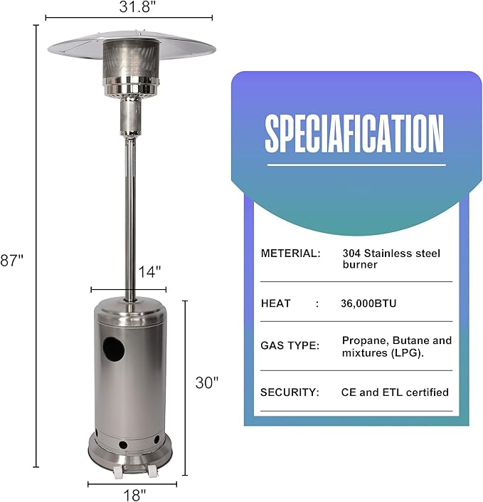 Outdoor Patio Heater, Stainless Steel Propane Heater w/Wheels, Shelf Tabletop, Auto Shut Off Protection, 36000 BTU Tall Standing Gas Heater for Outdoor Use
