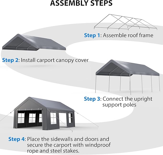 13'x20' Heavy Duty Carport Portable Garage, Outdoor Car Port with 180 g PE All-Season Waterproof Canopy 3 Roll-up Doors and 5 Windows for Car, Truck, SUV, Boat, Gray