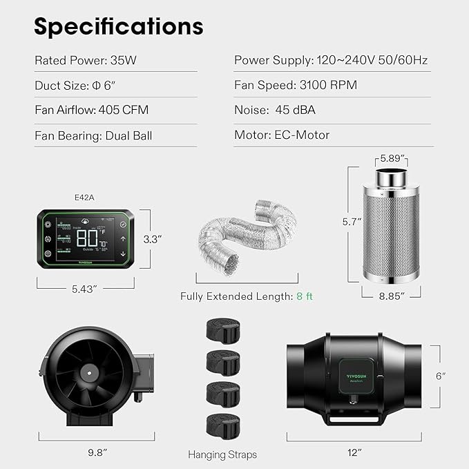 VIVOSUN Smart Air Filtration PRO S6 Kit 6", AeroZesh S6 Inline Duct Fan w/GrowHub E42A Temp. Humidity WiFi-Controller, Carbon Filter & Ducting, Cooling & Ventilation System for Grow Tent, Hydroponics