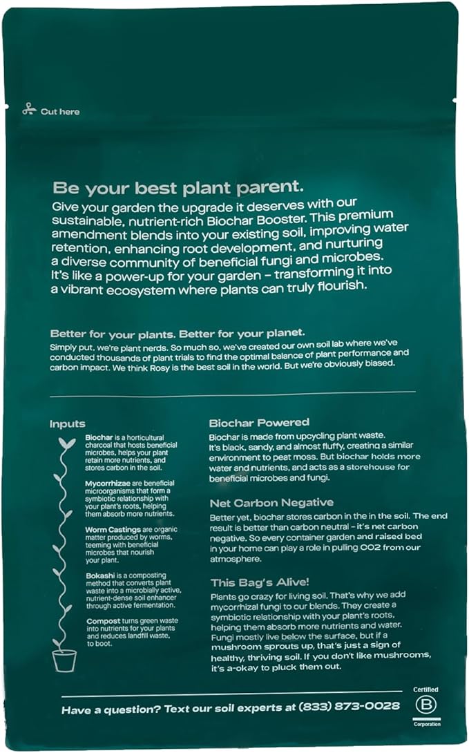 Rosy Soil Biochar Booster - Biochar Soil Amendment for Flowers and Vegetable Gardens - Horticultural Charcoal for Outdoor and Indoor Plants - Biochar Supplement for Potting Soil & Potting Mixes - 8qt