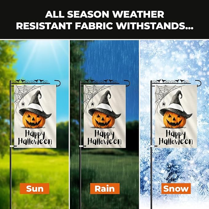 Halloween Garden Flag 12x18 Double Sided – Burlap Yard Flag with Pumpkin Wearing Hat and Spider Web for Outdoor Fall Halloween Decor