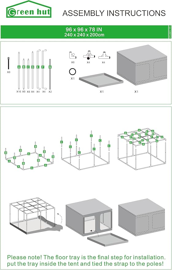 Grow Tent 96"x96"x78", High Reflective Mylar Dark Room with Observation Window, Removable Floor Tray and Tool Bag for Indoor Plant Growing 8'X8