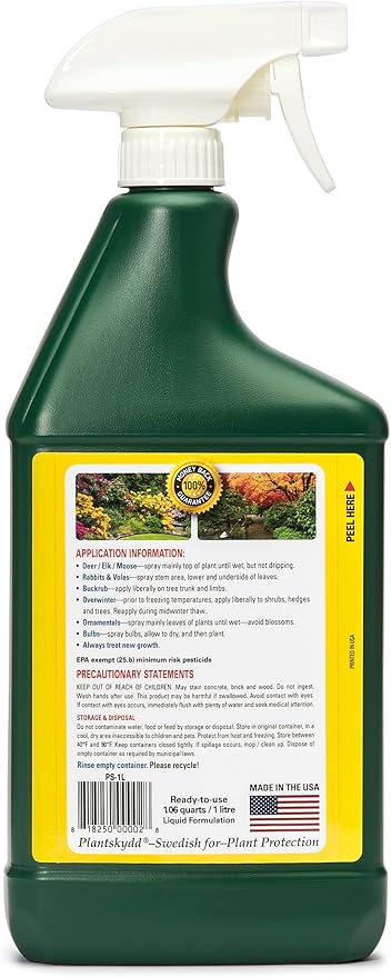 Plantskydd Animal Repellent - Repels Deer, Rabbits, Elk, Moose, Hares, Voles, Squirrels, Chipmunks and Other Herbivores; Ready to Use Liquid - 32 Oz Spray Bottle (PS-1L)