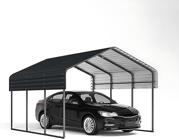 10x15 FT Metal Carport, Heavy Duty Car Port with Galvanized Metal Roof, Outdoor Garage Car Shelter Shade for Car, Boats and Truck (Dark Gray)
