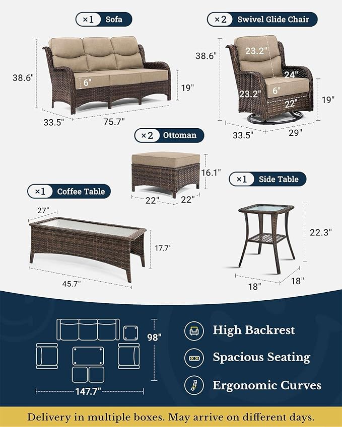 HILLGA Luxury Patio Furniture Set with 6-Inch Thick Cushions, High Back Outdoor Swivel Rocker Chairs and Patio Couch, 7-Piece All Weather Conversation Set for Porch Deck Pool Yard, Beige (V3)