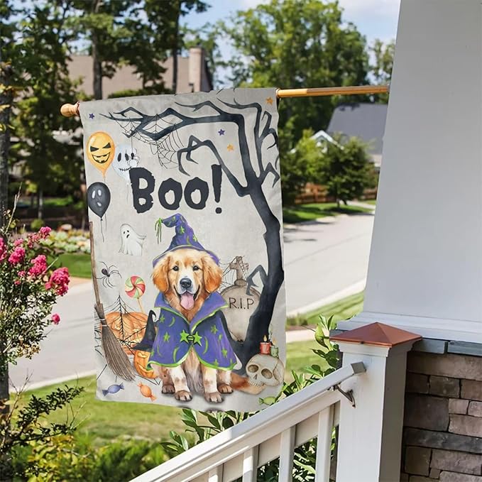 Golden Retriever Dog Halloween Boo Pumpkin Garden Flag Welcome Party Outdoor Outside Decorations Picks Home House Garden Yard Decor 12x18 Inch