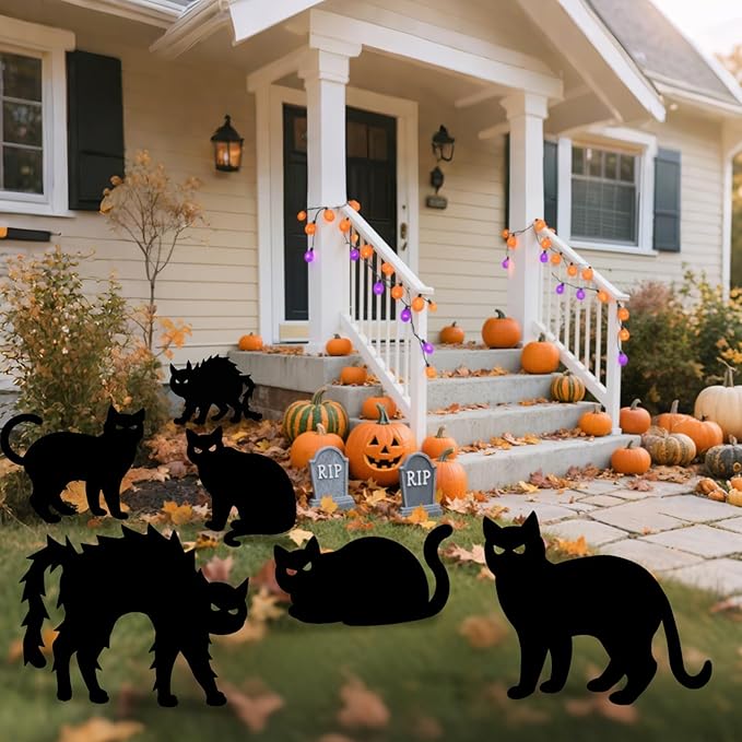 6 Pcs Black Cat Yard Signs with Night-Shining Eyes,Spooky&Scary Decor for Outdoor Lawn Garden Halloween