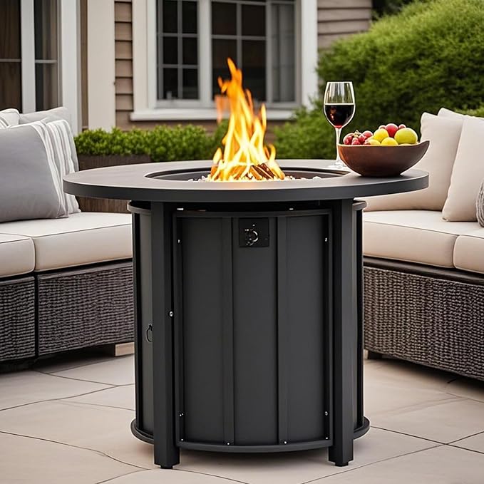 30'' Concrete Round Gas Fire Pit, 50,000 BTU Steel Outdoor Fire Tables, Fire Table with Lid, Add Warmth & Ambience to Gatherings and Parties On Patio Deck Garden Backyard,White Glass Stone.
