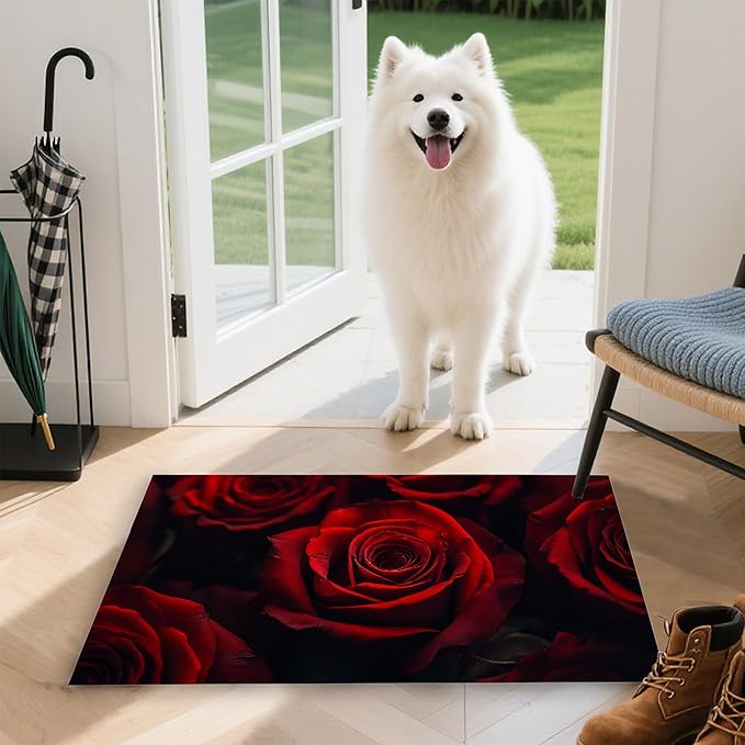 Red Rose Flower Indoor Outdoor Rugs,Modern Floral Doormat Outside Entrance,Non-Slip Welcome Mat Indoor Felt Floor Mat for Back Door Patio, Porch,Home Entryway,30 x 17 Inch