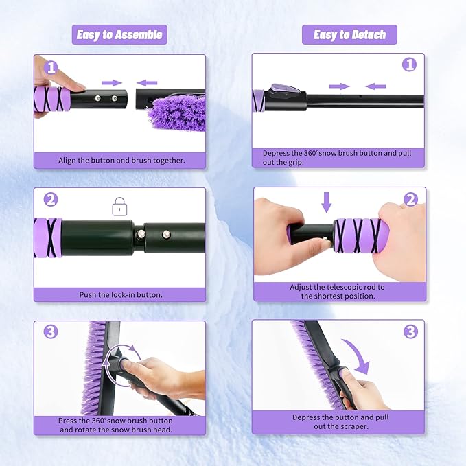 44" Ice Scraper and Snow Brush for Car Windshield with Extendable, 360° Pivoting, Soft Bristle Head, Foam Grip, for Car, Truck, SUV Window Tool (Purple)
