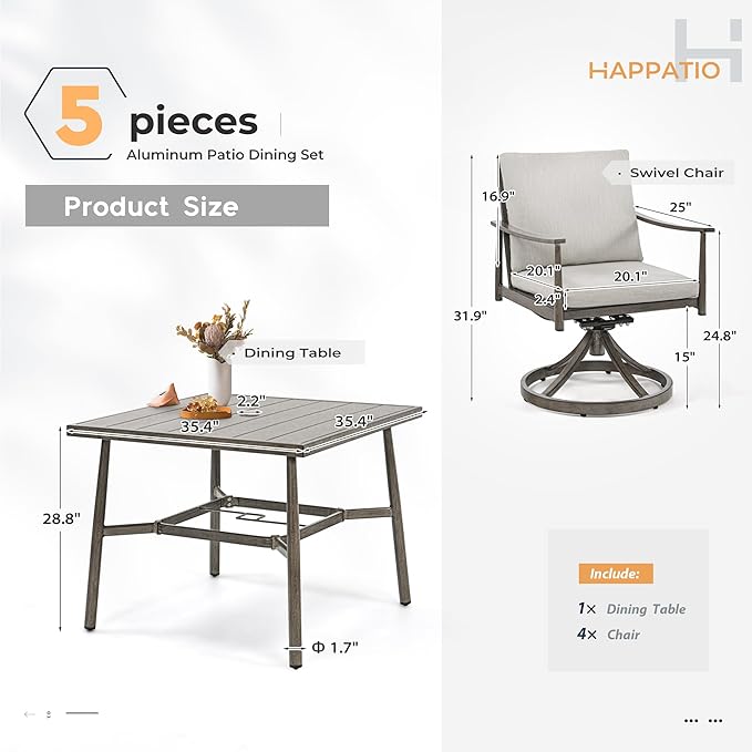 HAPPATIO 5-Piece Outdoor Dining Set for 4, Aluminum Patio Dining Set Includes 1 Large Square Table with Umbrella Hole & 4 Swivel Dining Chairs, Patio Furniture Set for Lawn, Porch, Backyard (Grey)