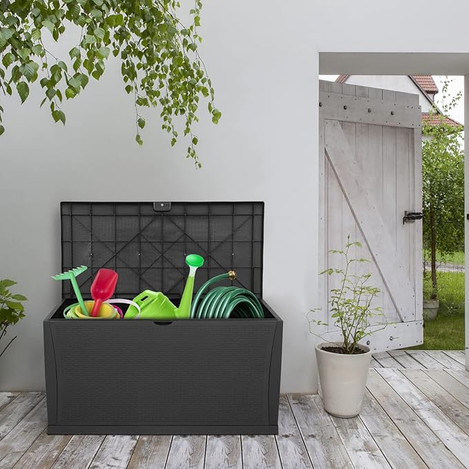 VINGLI Upgraded 120 Gallon Outdoor Storage Box, Lockable Plastic Storage Containers with Lid, Rattan Grain Surface Deck Box Patio Furniture for Garden, Pool, Balcony, Yard (Black)