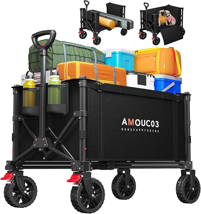 Wagons Carts Foldable, Collapsible Wagon Cart with 220 lbs Max Load and Expandable Storage Space, Heavy-Duty Foldable Wagon Cart with Wheels for Groceries, Shopping, Sport, Beach,Garden and Camping