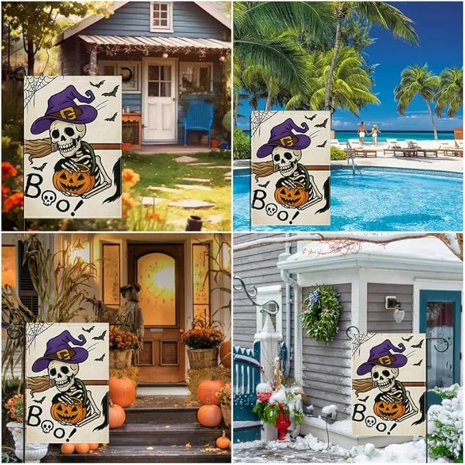 Halloween Garden Flag 12x18 Inch Skeleton Pumpkin Witch Hat Boo Yard flag Double Sided Outdoor Porch Patio Lawn Party Decoration for Fall Holiday Birthday
