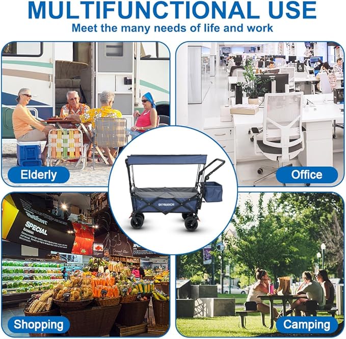 SKYMANOR Collapsible Wagon with Removable Canopy, 3-in-1 Heavy Duty Garden Cart with Big All-Terrain Wheels, Brakes, Adjustable Push Pull Handle, Cooler Bag, 300LBS Wagon Cart for Camping (Blue)