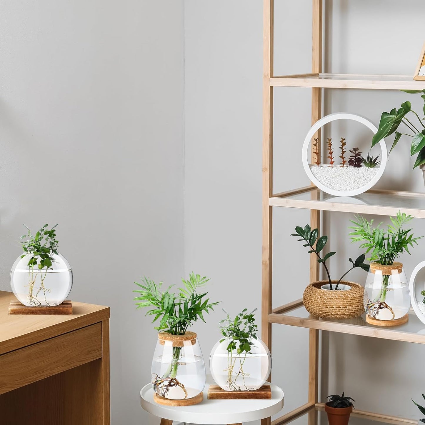 Layhit 4 Pcs Plants Propagation Stations vases Glass Planters with Wooden Lid and Bamboo Stand for Hydroponic Plants Gardening Gifts for Women Mom Home Office Tabletop Decoration(Cute Style)