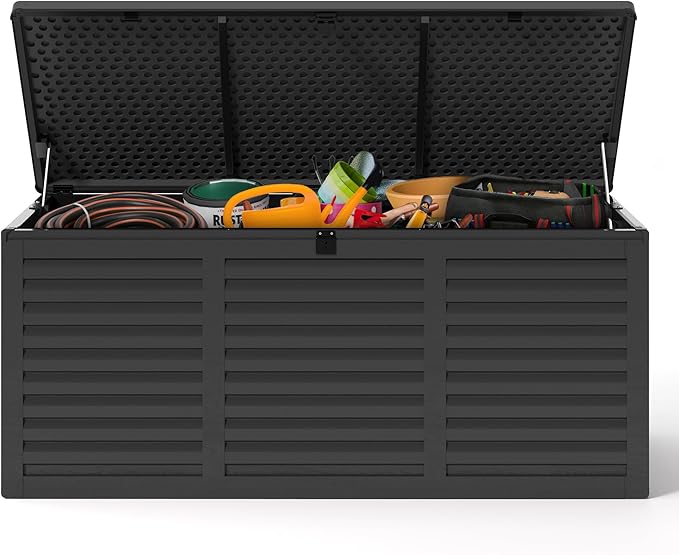 130 Gallon Outdoor Deck Box, Waterproof Resin Box with Lockable Lid, UV-Resistant for Cushions, Garden Tools & Pool Accessories (BLACK), Patio Furniture
