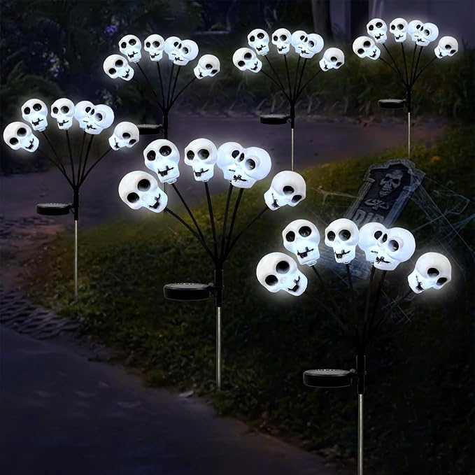 Set of 3 Halloween Skull Lights Outdoor Solar Pathway Lights with 18 Cool White LEDs for Garden Yard Lawn Patio Decorations