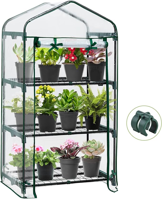 EAGLE PEAK Mini Greenhouse with Wire Shelves, Portable Indoor & Outdoor Garden Green House with Roll-Up Zipper Door, 3 Tier , 27"x19"x50", Clear PVC Cover
