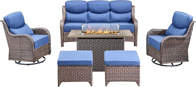 Luxury High Back Outdoor Furniture 6-Inch Thick Cushions with 50,000 BTU Gas Propane Fire Pit Tablet, Patio Furniture Set with Swivel Chairs, 6 PCS for Porch, Balcony, Deck and Yard