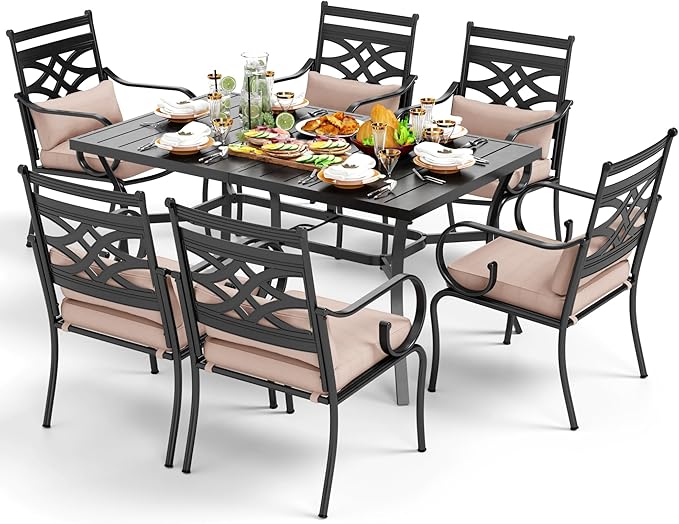 PHI VILLA 7 Pcs Patio Dining Set,Outdoor Table Chair Set for 6 with Outdoor Chairs and Metal Frame Steel Rectangular Table,Outdoor Dining Furniture with Cushion and Pillow for Garden Lawn Deck