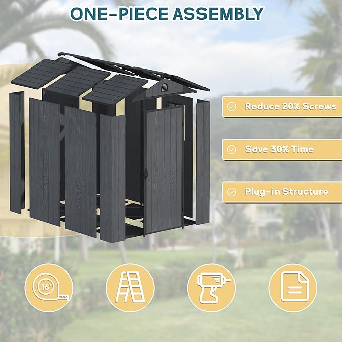 Greesum 4×6FT Plastic Outdoor Storage Shed with Floor, Resin Storaged Sheds with Lockable Door, Window & Vent, All-Weather Tool Sheds for Garden, Backyard, Patio, Dark Gray (One-Piece Panel)