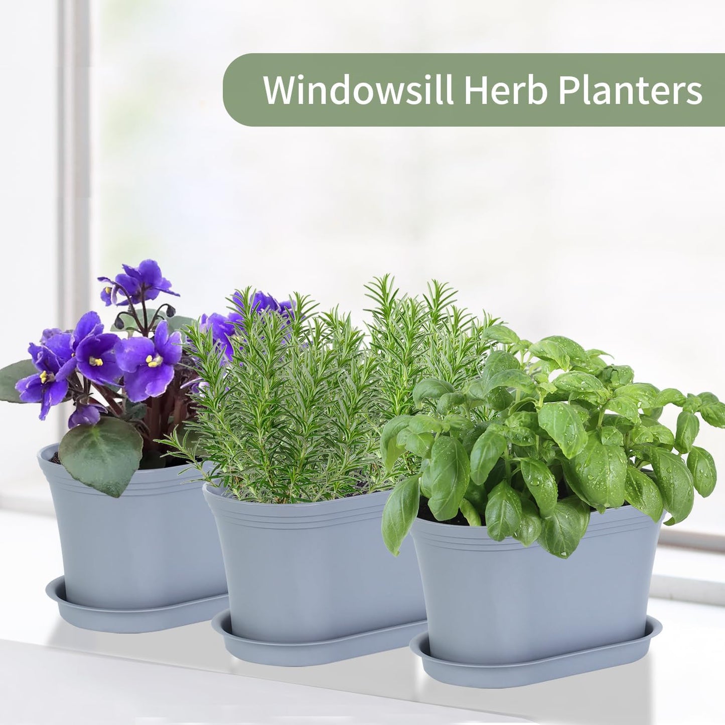 Windowsill Herb Garden Planter with Tray, Set of 6 Grey Oval Farmhouse Garden Pots for Indoor/Outdoor Plants (No Seeds)