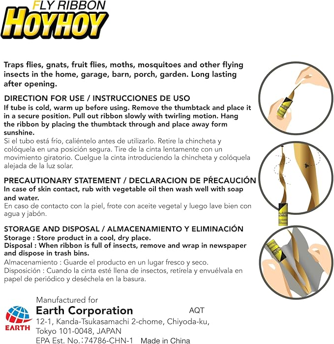 HOY HOY Fly Ribbon 4 Traps (1 Pack) - Multi-Insect Catcher for Home & Garden, Super Sticky, Long Lasting