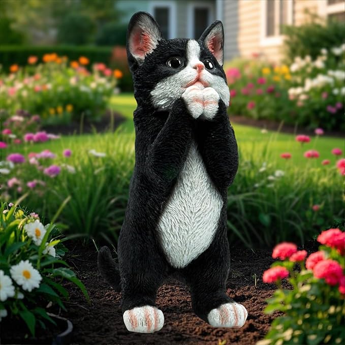 Tabby Praying Tuxedo Statues Outdoor Decorative, Cat Memorial Statue for Yard Lawn Patio Porch, Garden Pet Grave Marker Figures, 5.3" L x 3.7" W x 9.1" H